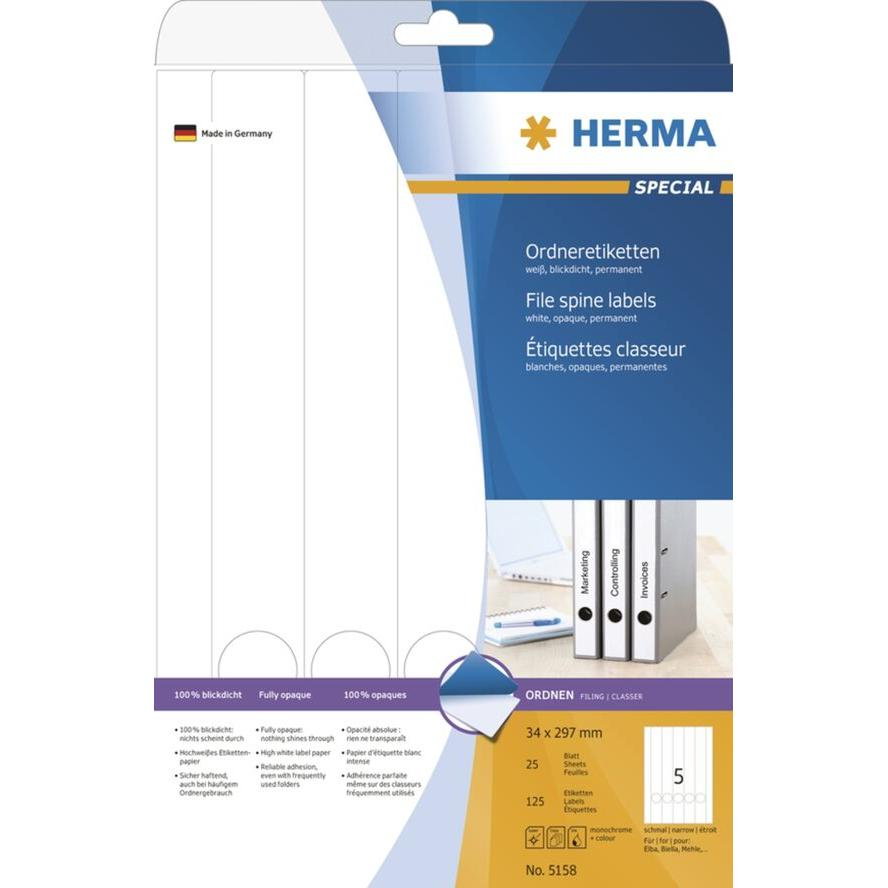 HERMA Ordneretiketten A4 weiß 34x297 mm Papier opak 125 St. (5158) (5158)