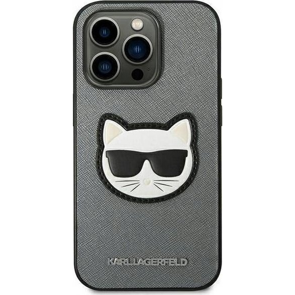 Karl Lagerfeld Saffiano Choupette Head Patch Apple iPhone 14 Pro Max hátlap tok, ezüst (KLD1015)