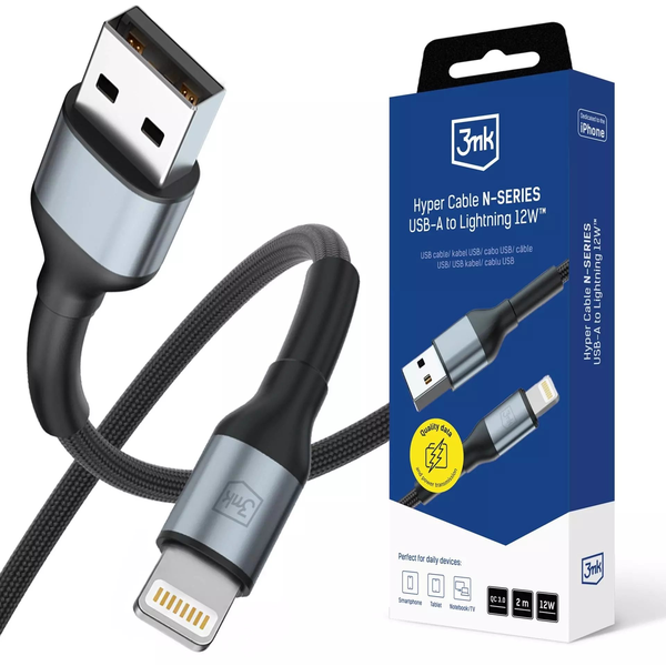 Kabel 3mk Hyper Cable N-SERIES A na Lightning 2m QC 3.0 5V/2.4A 12W černý