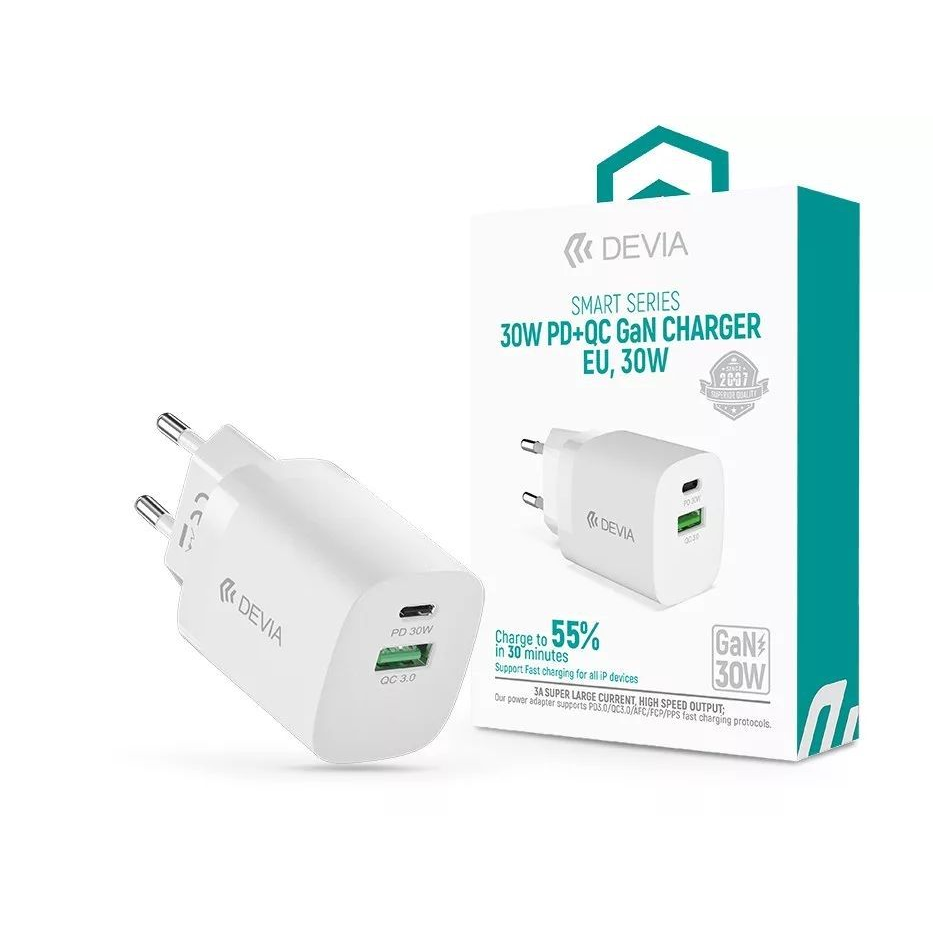 Devia GaN hálózati töltő adapter USB + Type-C bemenettel - 30W - Devia Smart Series GaN PD + QC Quick Charger - fehér (ST386718)