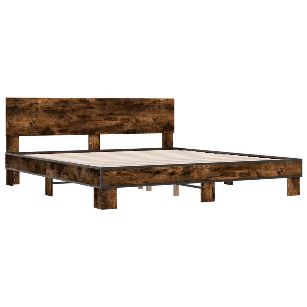 füstös tölgyszínű szerelt fa és fém ágykeret 200 x 200 cm (3280174)