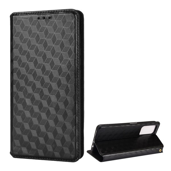 Tok álló, bőr hatású (FLIP, oldalra nyíló, asztali tartó funkció, teljes 3D rombusz minta, prémium) FEKETE [Xiaomi Poco M4 Pro 5G] (5996591130019)