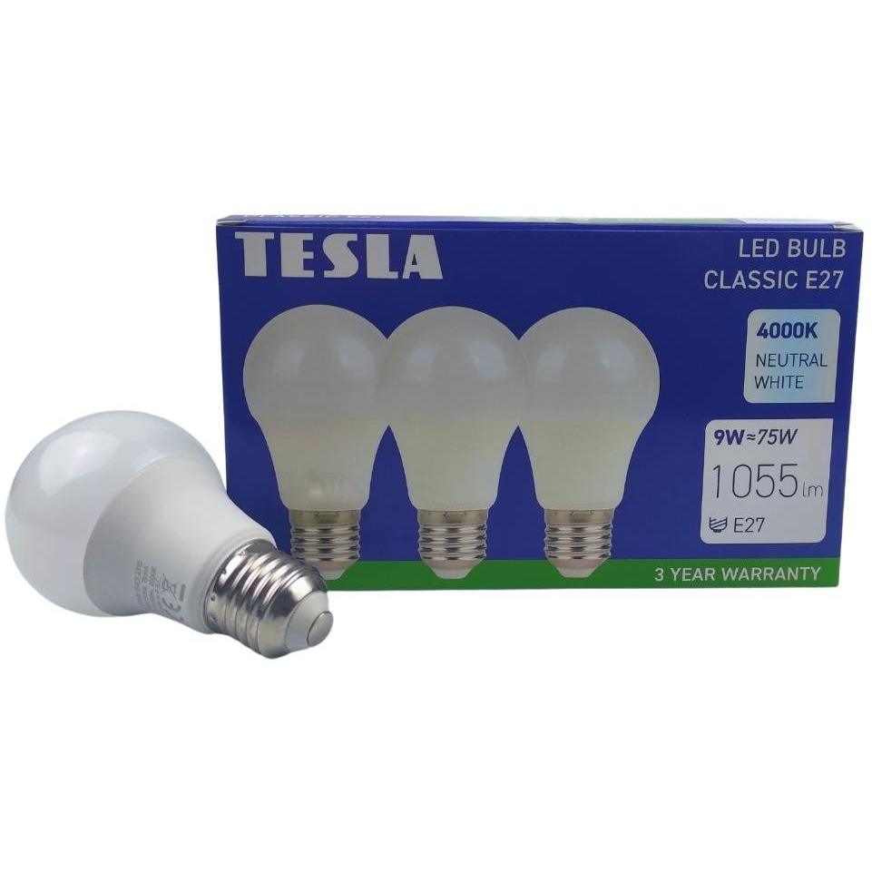 Tesla - LED izzó BULB E27, 9W, 230V, 1055lm, 25 000h, 4000K meleg fehér, 220st 3db csomagban (BL270940-3PACK)
