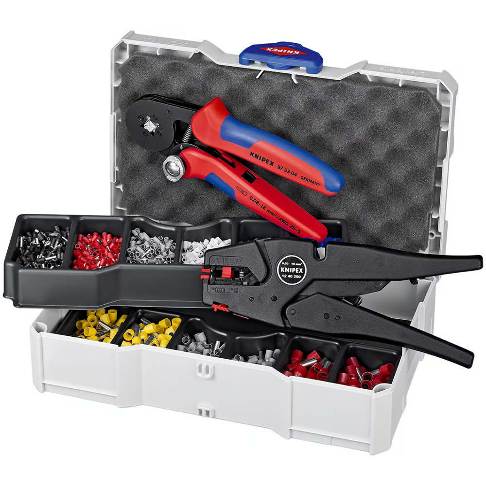 Krimpelő készlet, racsnis érvéghüvely krimpelővel, vezetékcsupaszoló fogóval, érvéghüvelyekkel Knipex 97 90 10 (97 90 10)