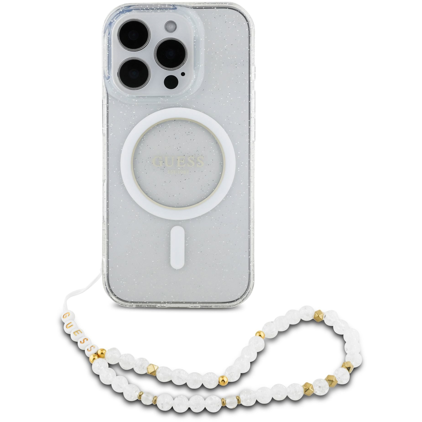 Guess IML Glitter Beads Strap iPhone 16 Pro átlátszó MagSafe tok (GUHMP16LHGCRELST)