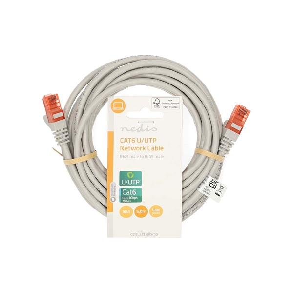 Nedis CCGL85230GY50 UTP Cat6 patch kábel, RJ45 aranyozott érintkezők, hossz 5m (CCGL85230GY50)