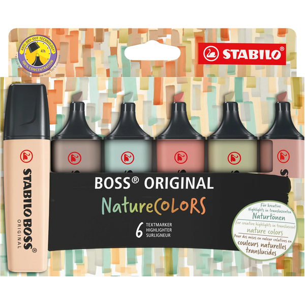 STABILO BOSS NatureColors speedmarker 6 stk Mejselspids Sort, Bronze, Brun, Grøn, Grå, Lysegrøn