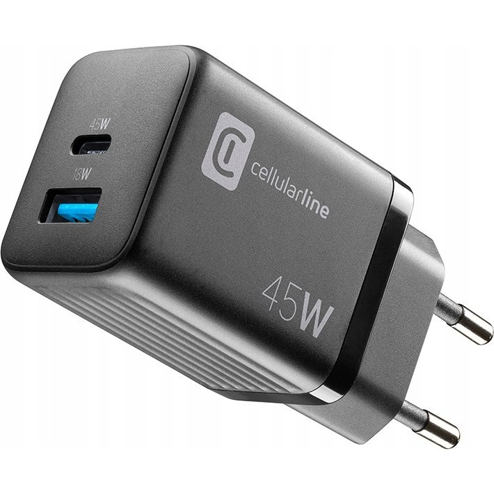 Cellularline ACHUSBGAN2PD45WK mobiltelefon töltő Mobiltelefon, Laptop, Okostelefon, Táblagép Fekete Váltakozó áram Gyorstöltés Beltéri (ACHUSBGAN2PD45WK)