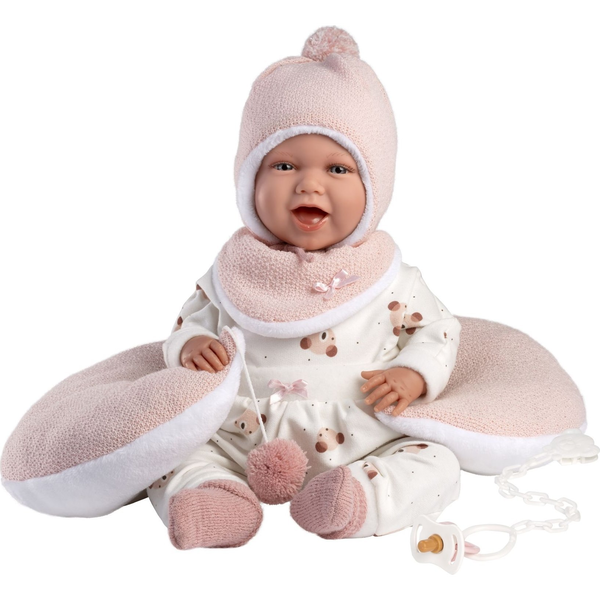 Llorens: Mimi 42cm-es baba hanggal, pocak párnával macis ruhában