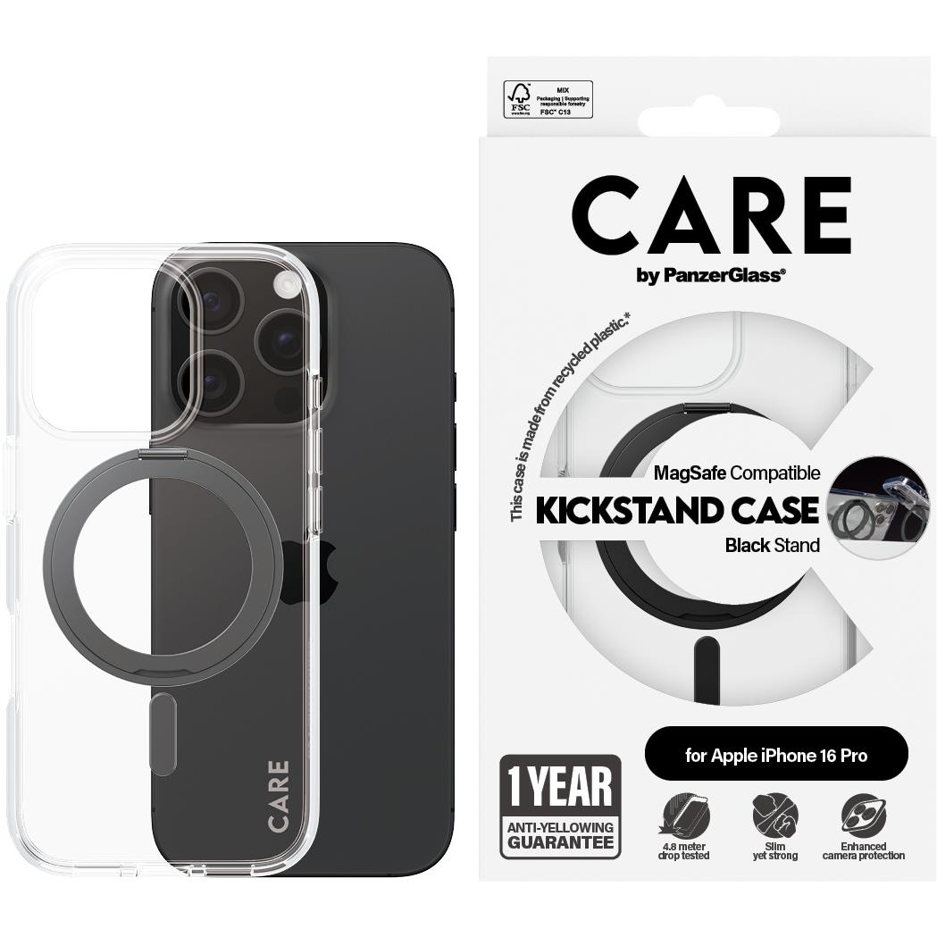 PanzerGlass CARE Apple iPhone 16 Pro MagSafe KickStand átlátszó/fekete nem sárguló tok (1322)