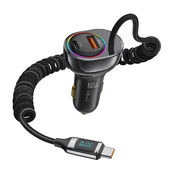 Usams autós töltő USB+Type-C aljzat (30W, PD gyorstöltő, LED kijelző, RGB + fix Type-C kábel) FEKETE (US-CC192)