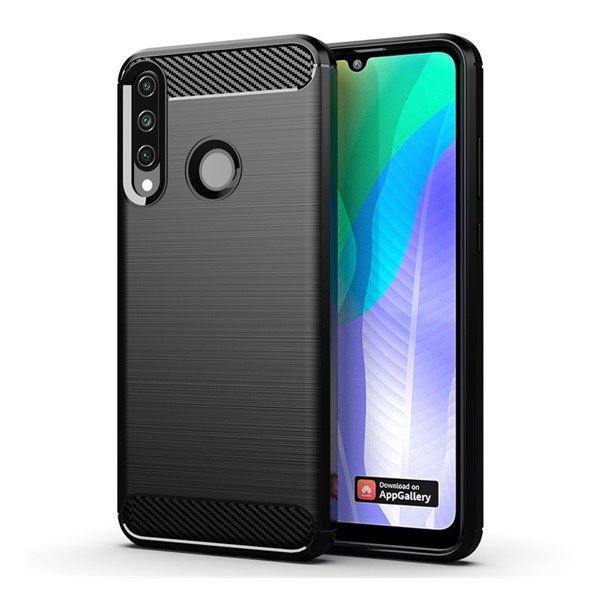 Szilikon telefonvédő (közepesen ütésálló, légpárnás sarok, szálcsiszolt, karbon minta) FEKETE [Huawei Y6p] (5996457969906)