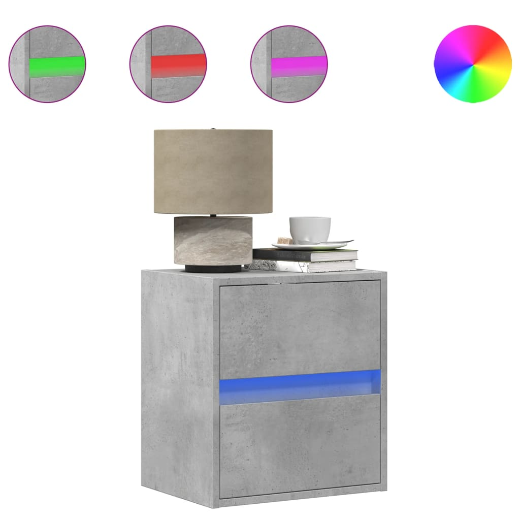2 db betonszürke fali éjjeliszekrény LED-világítással (3307968)