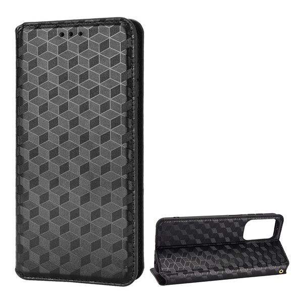 Tok álló, bőr hatású (FLIP, oldalra nyíló, asztali tartó funkció, teljes 3D rombusz minta, prémium) FEKETE [Samsung Galaxy M23 (SM-M236)] (5996591160511)