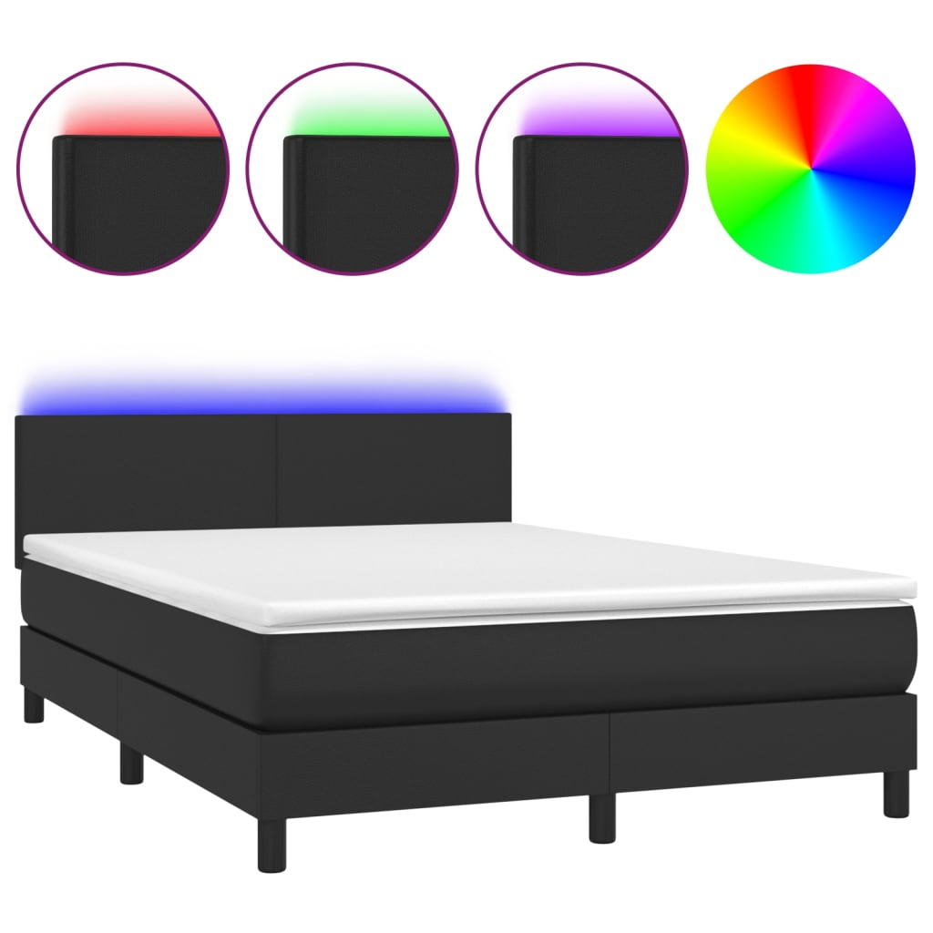 fekete műbőr rugós ágy matraccal és LED-del 140 x 190 cm (3134099)