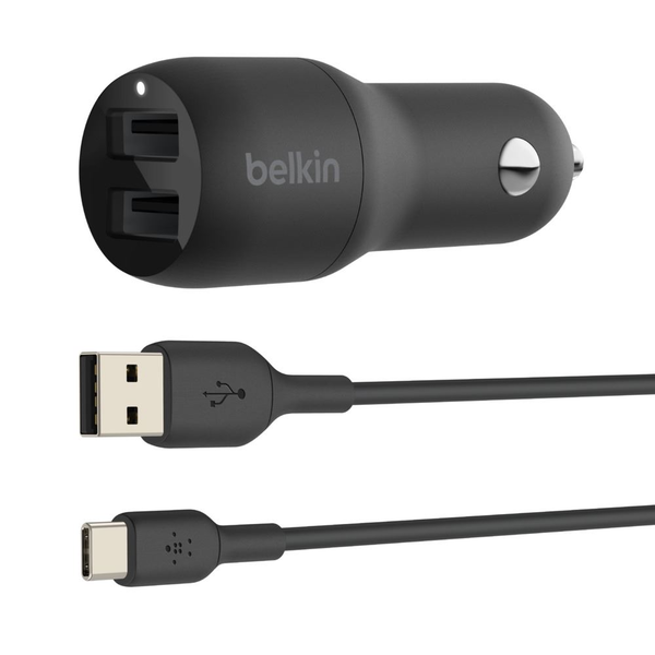 Belkin BOOST CHARGE 2xUSB-A autós töltő 24W + USB-A - USB-C kábel fekete (CCE001BT1MBK)