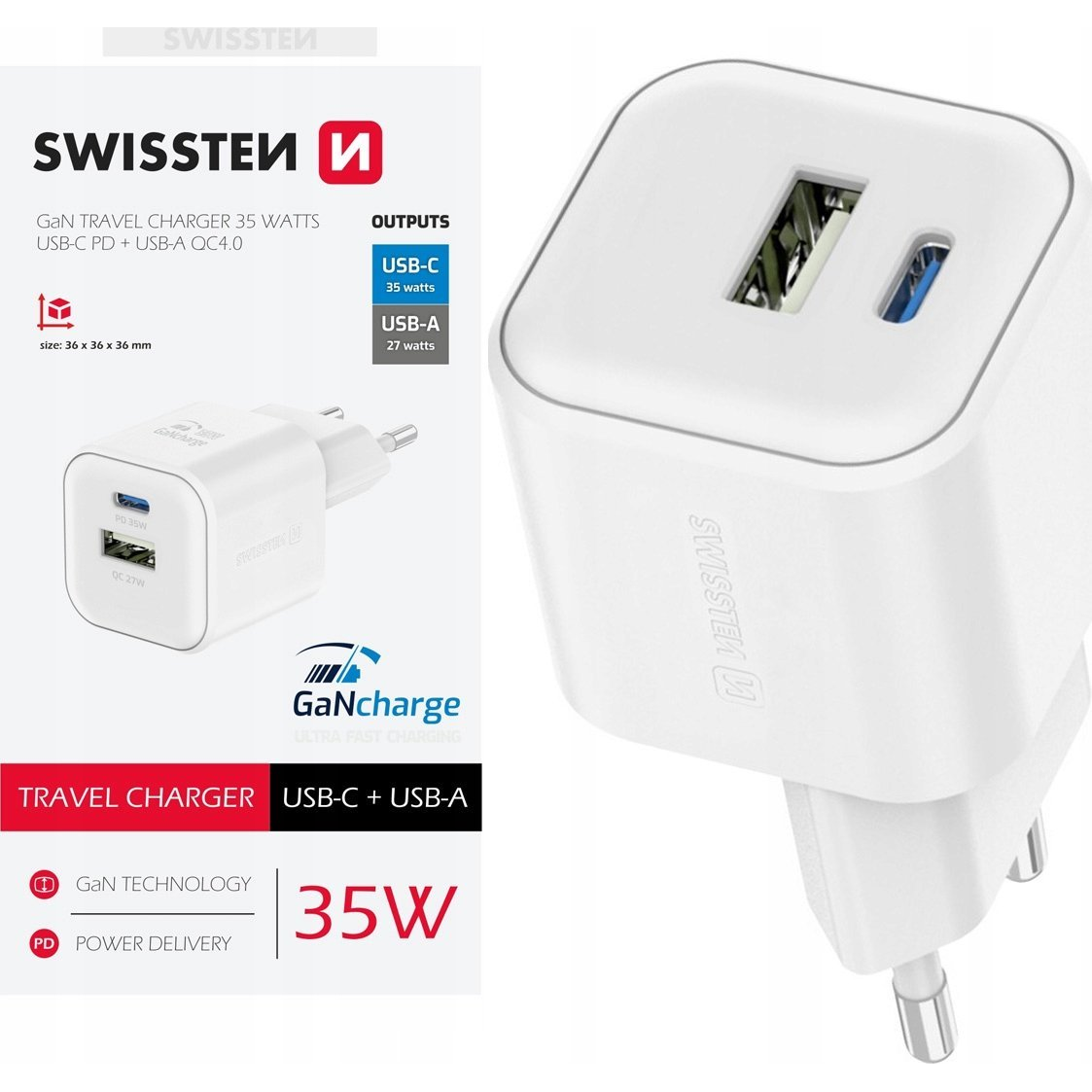 Swissten 22071200 USB-A / USB-C Hálózati Gyorstöltő Adapter 35W - Fehér (22071200)