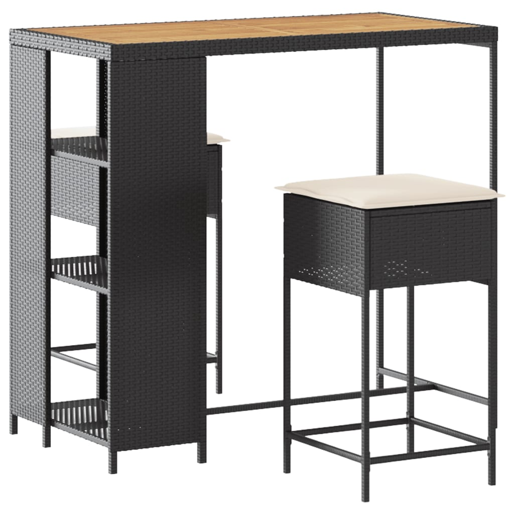 3 részes fekete polyrattan kerti bárszett párnával (3261496)