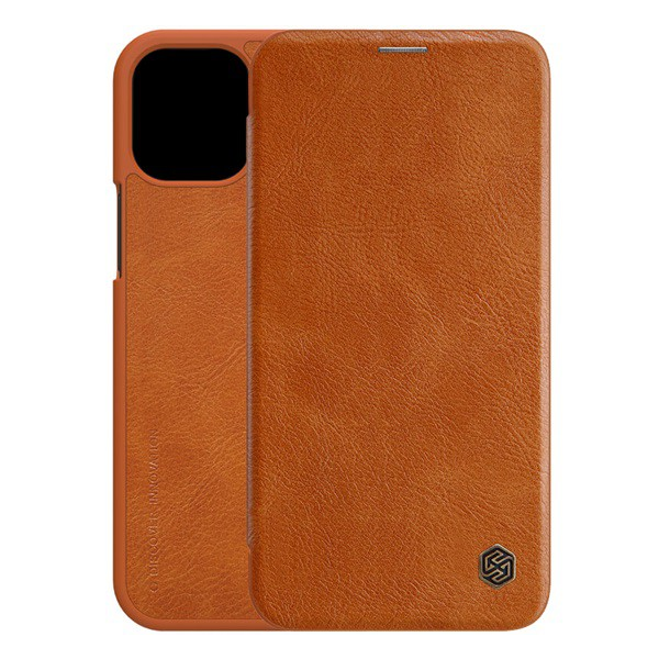 NILLKIN QIN tok álló, bőr hatású (FLIP, oldalra nyíló, bankkártya tartó) BARNA [Apple iPhone 12 Pro Max] (5996457986453)