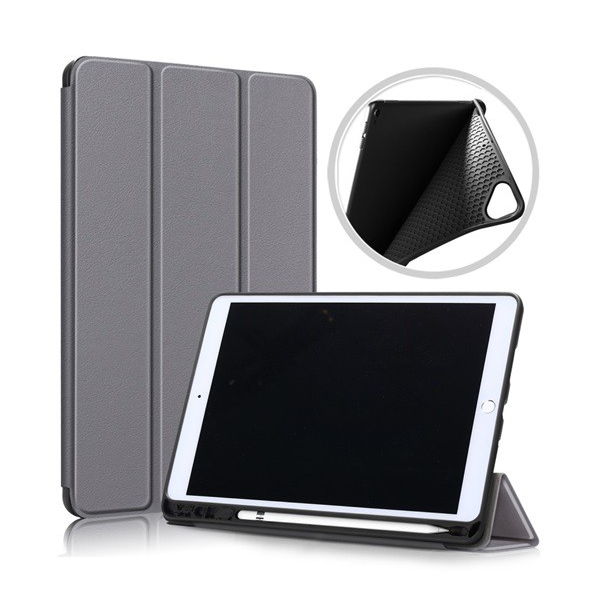 Tok álló, bőr hatású (aktív FLIP, oldalra nyíló, TRIFOLD asztali tartó funkció, Apple Pencil tartó) SZÜRKE [Apple IPAD 10.2 (2021)] (5996457914678)