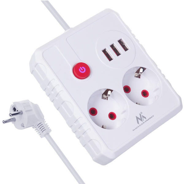 Razdelilec podaljšek MacLean MCE388W s 3 vtičnicami + 3xUSB, 3m, bel