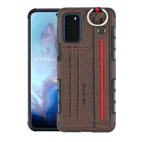 Szilikon telefonvédő (közepesen ütésálló, asztali tartó funkció, bankkártya tartó, textil hátlap + kézpánt) SÖTÉTBARNA [Samsung Galaxy S20 (SM-G980F)] (5996457957811)
