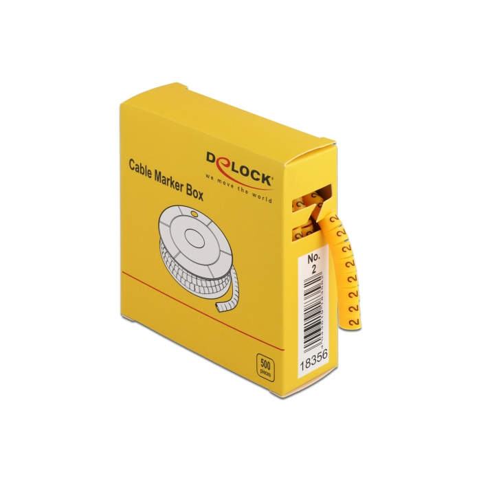 Delock No.2 500db sárga kábeljelző 4-től 5mm-es átmérőjű kábelekhez, praktikus adagoló dobozban (18356) (delock18356)