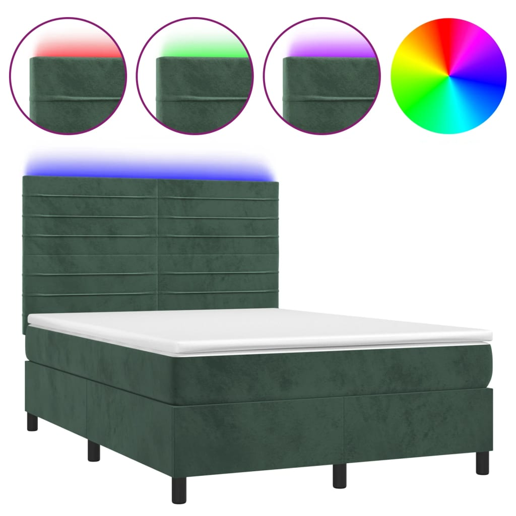 sötétzöld bársony rugós és LED-es ágy matraccal 140x190 cm (3136182)