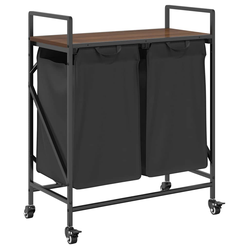 barna tölgy mosodai kosár 2 rekeszes kerekekkel (859099)