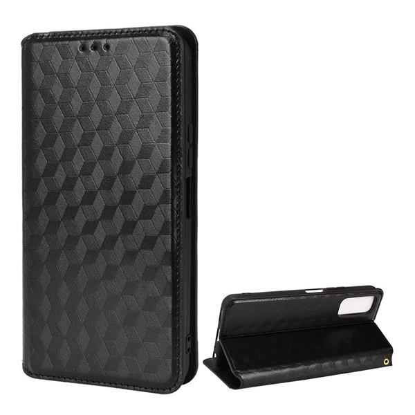 Tok álló, bőr hatású (FLIP, oldalra nyíló, asztali tartó funkció, teljes 3D rombusz minta, prémium) FEKETE [vivo Y11s] (5996591152134)