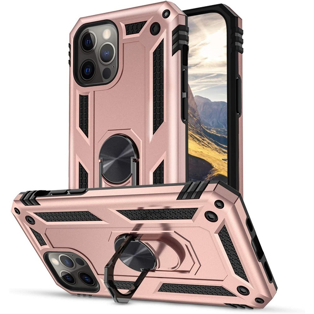 Samsung Galaxy M32 4G SM-M325F, Műanyag hátlap védőtok, közepesen ütésálló, szilikon belső, telefontartó gyűrű, Defender, vörösarany (112224)