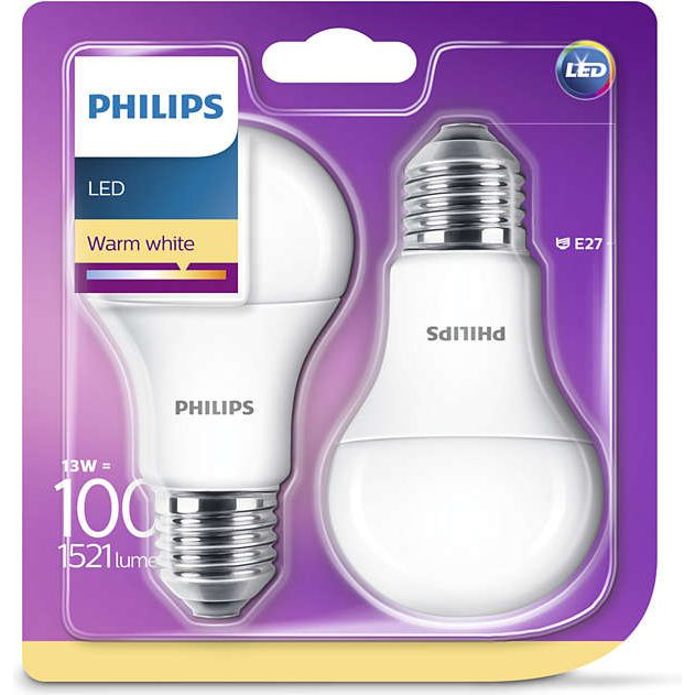 Philips E27 A60 13W 1521 lumen meleg fehér LED gömb izzó 2db/csomag (929001234561)