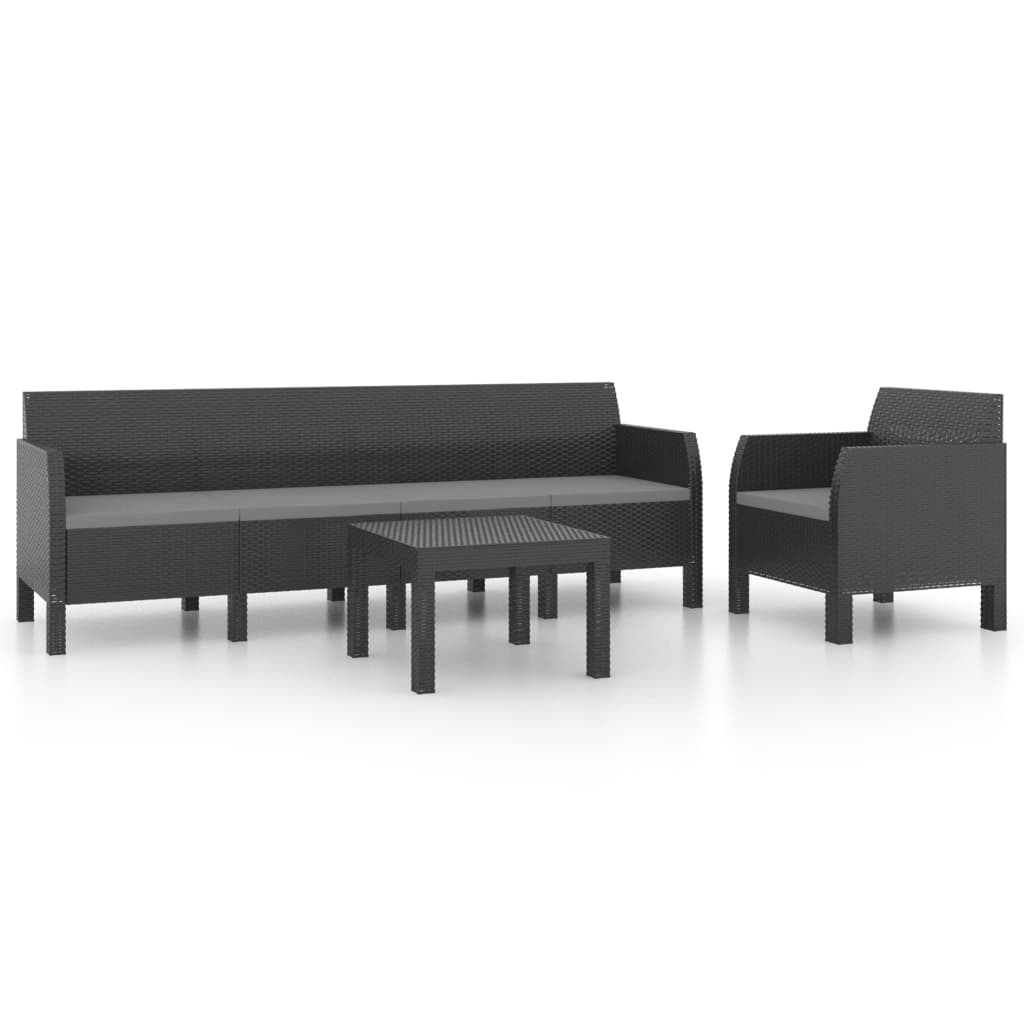 3 részes antracit PP rattan kerti bútorgarnitúra párnákkal (3079674)