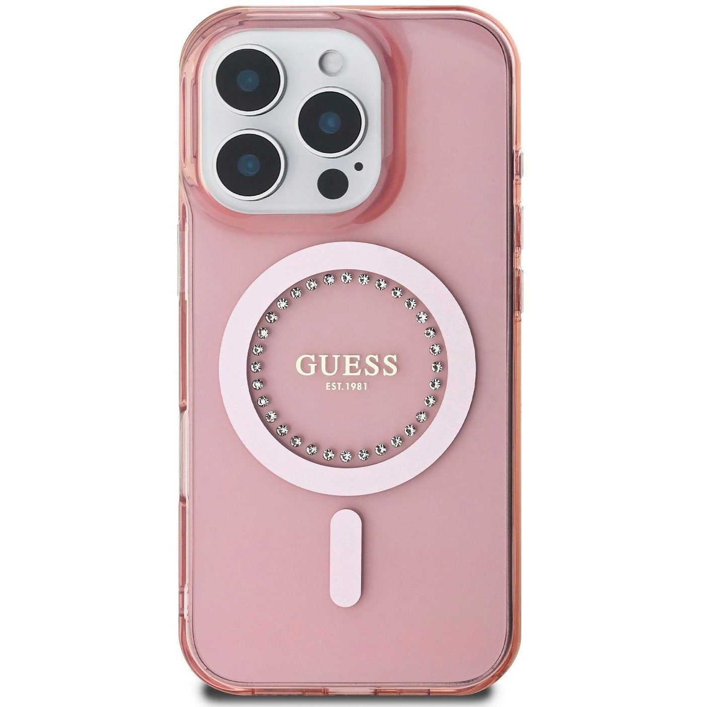 Guess IML Rhinestones Ring iPhone 16 Pro Max rózsaszín MagSafe tok (GUHMP16XPFTDTEP)