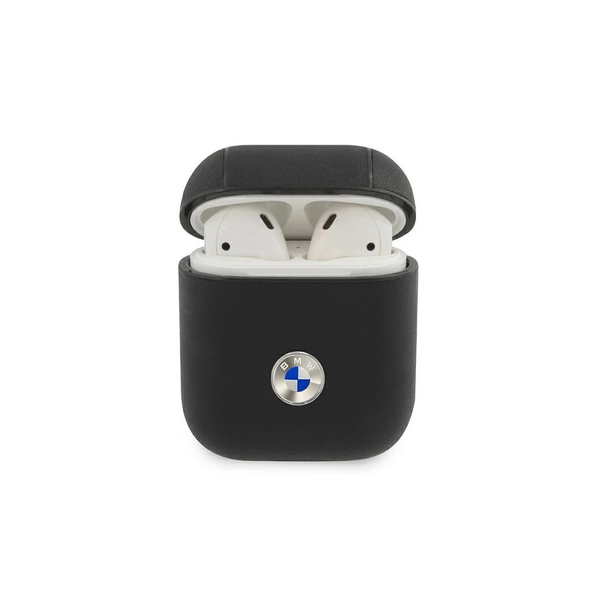 BMW M2 LBK AirPods 1/2 készülékhez tok Genuine Leather Silver Logo fekete