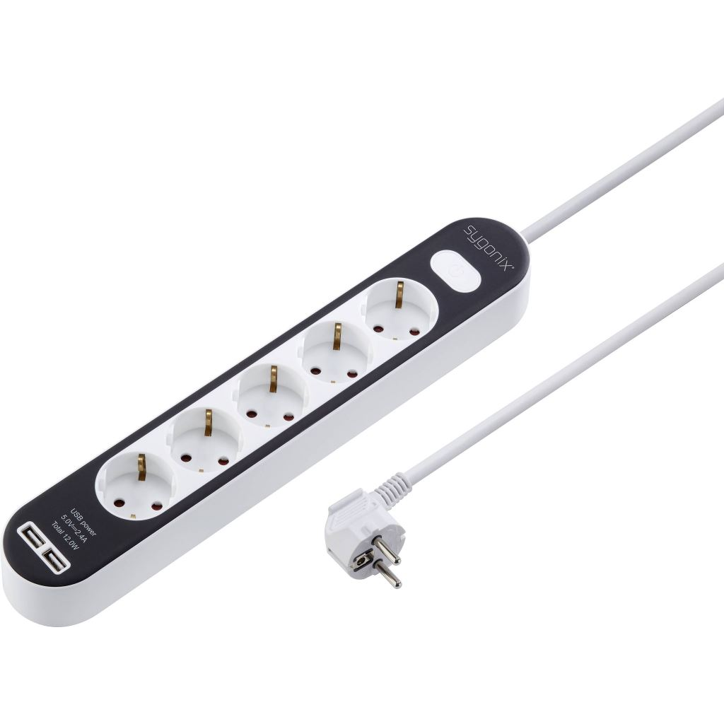 Sygonix védőérintkezős 5 szörös elosztó kapcsolóval fehér fekete (SY-4538276) (SY4538276)