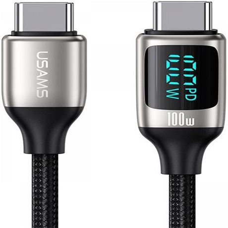 USAMS U78 кабел за данни за зареждане, USB C към USB C, бързо зареждане 100 W. PD, цифров дисплей, дължина 1,2 м, черен - 5450