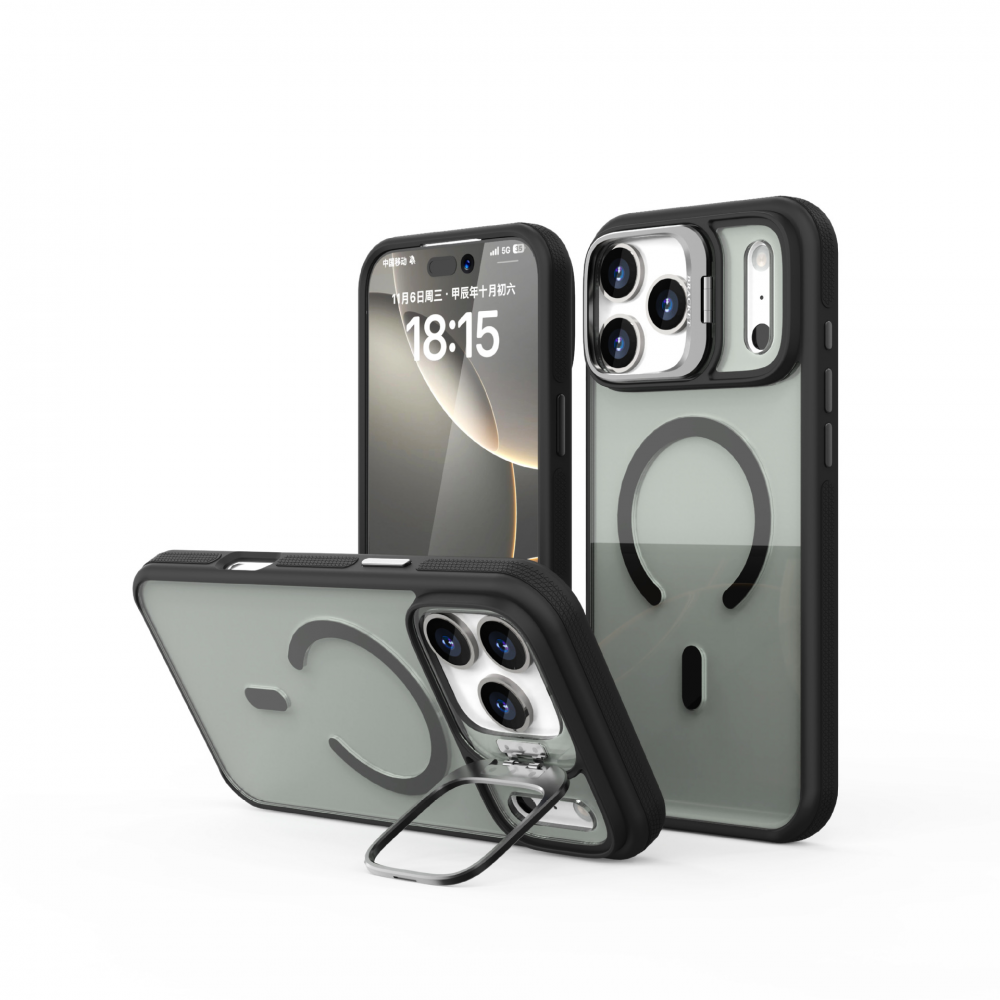 iPhone 17 Pro Max mágneses kamera kitámasztós tok, Fekete (CEL-MAGC-IPH17PM-BK)