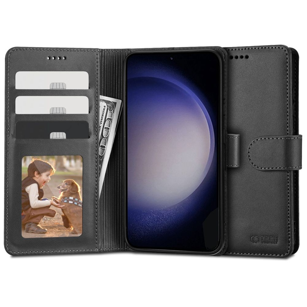 Samsung Galaxy S23 Plus SM-S916, Oldalra nyíló tok, stand, mágnes csattal, TP Wallett, fekete (129394)