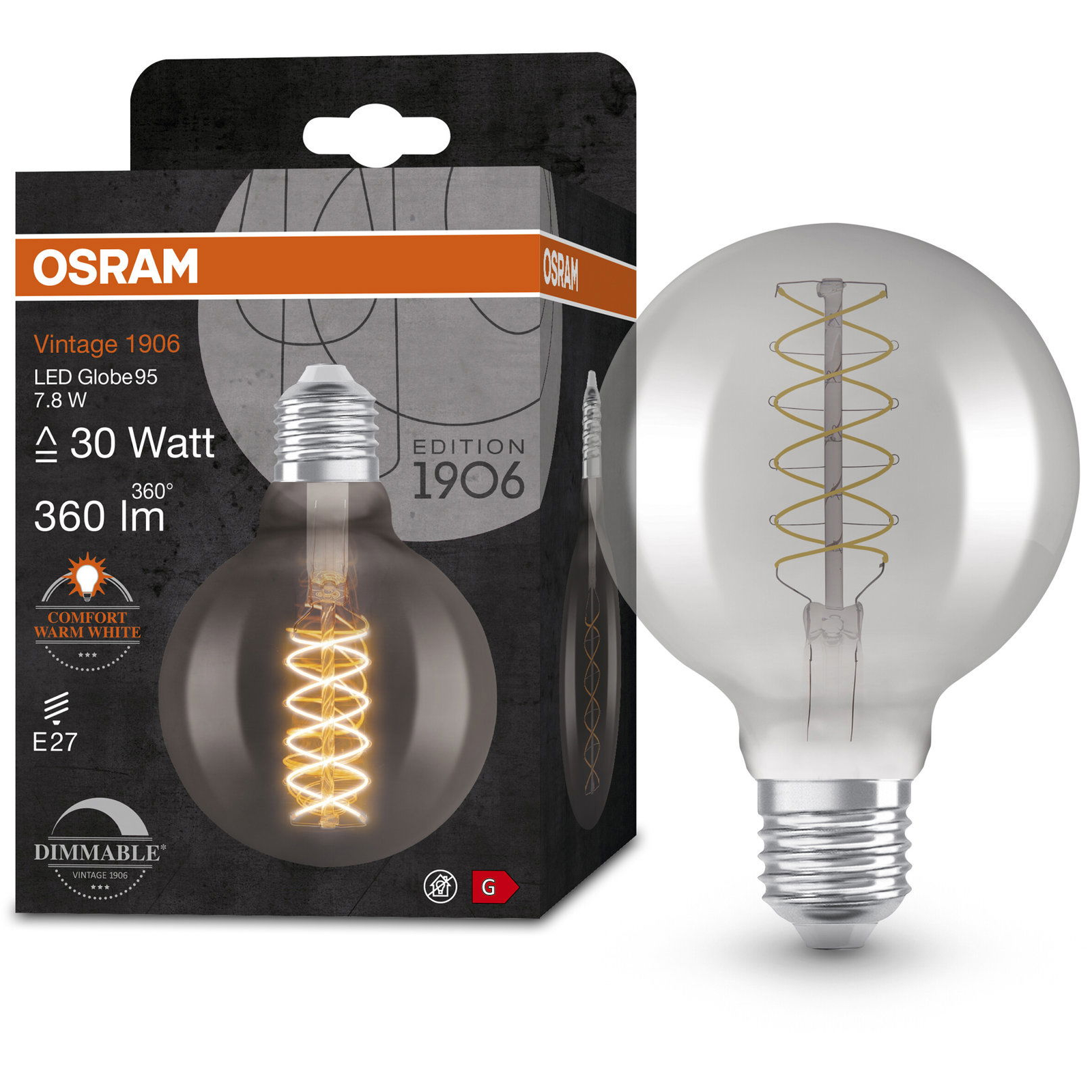 OSRAM Dimmelhető LED izzó, füstös, E27, 7,8 W, VINTAGE GLOBE, meleg fehér (4058075761216)