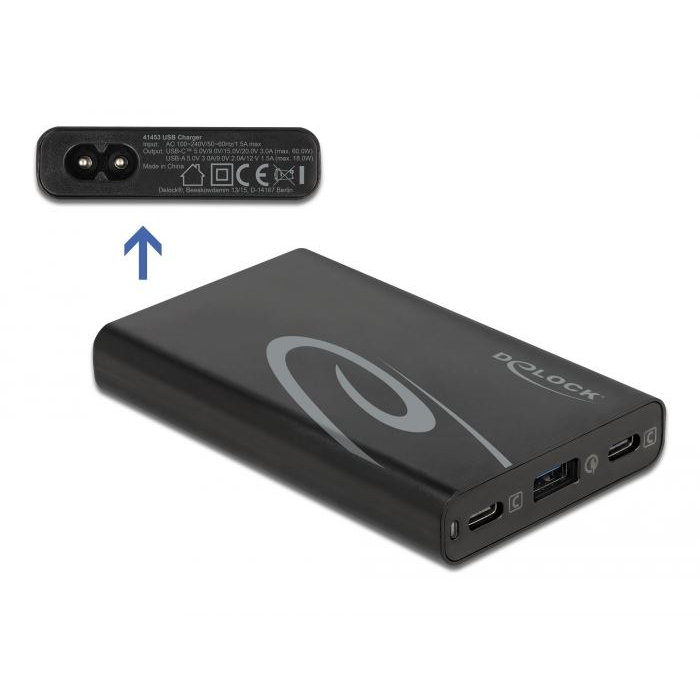 Delock hálózati töltő 2 db. USB Type-C PD 3.0 + 1 db. USB-A 60W (41453) (Delock41453)