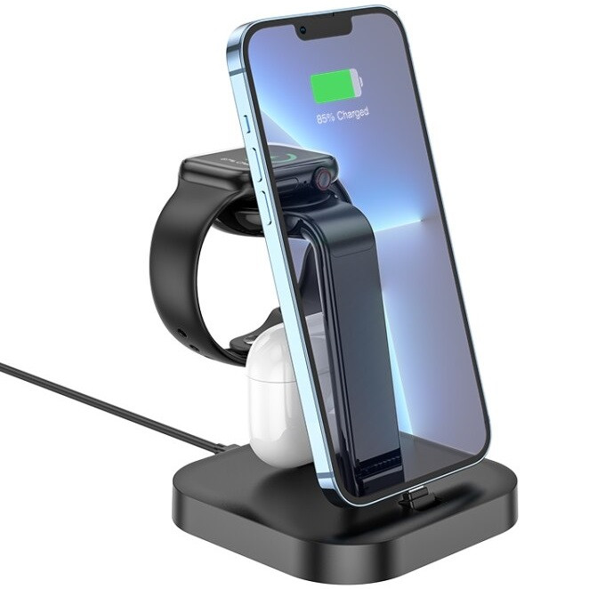 Univerzális töltő állomás 3in1, 1 x Qi Wireless, 2 x Lightning, 10.5W, asztali tartó, Hoco CW43, fekete (PSPM032636)
