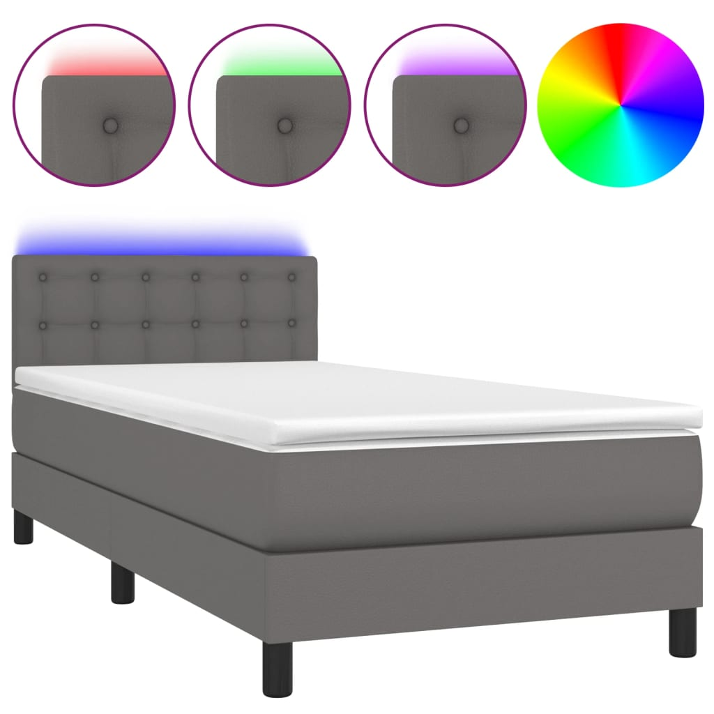 szürke műbőr rugós ágy matraccal és LED-del 90x200 cm (3134205)