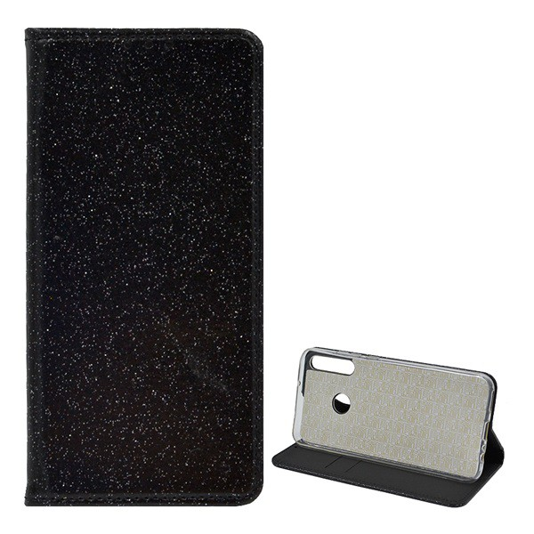 Tok álló, bőr hatású (FLIP, szilikon belső, oldalra nyíló, asztali tartó funkció, bankkártya tartó, csillogó) FEKETE [Huawei P40 Lite E / Y7p] (5996457970575)