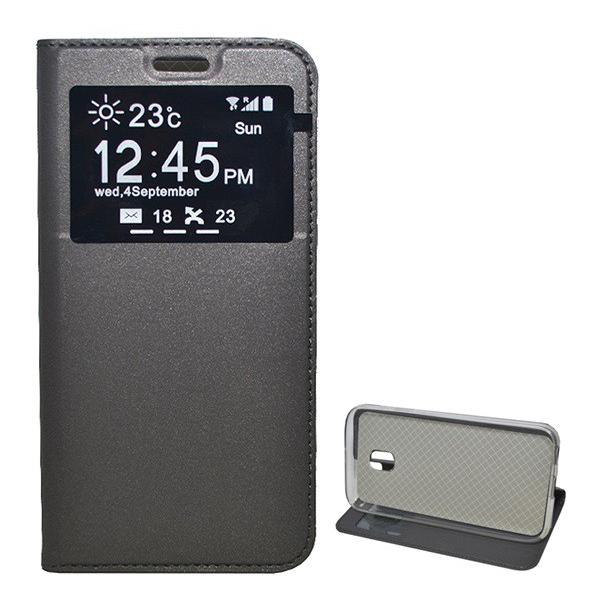 Tok álló, bőr hatású (FLIP, oldalra nyíló, hívókijelzés, asztali tartó funkció, View Window) SZÜRKE [Samsung Galaxy J3 (2017) SM-J330 EU] (5996457712076)