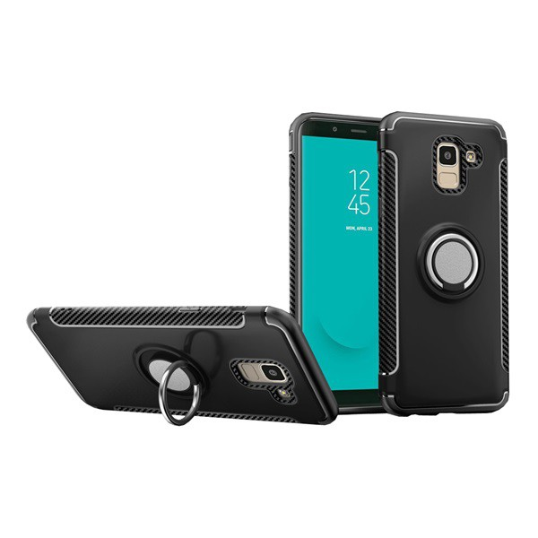 Műanyag telefonvédő (szilikon keret, asztali tartó funkció, telefontartó gyűrű, beépített fémlemez, karbon minta) FEKETE [Samsung Galaxy J6 (2018) SM-J600F] (5996457814060)