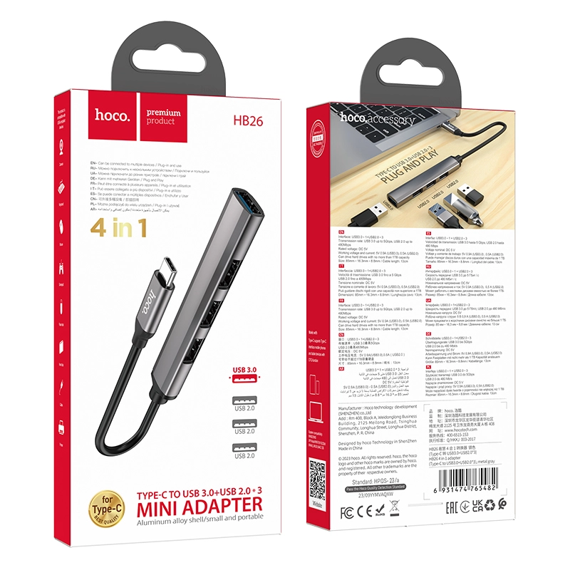 Hoco HB26 USB-C Hub 4v1 USB3.0 + 3*USB2.0 1TB