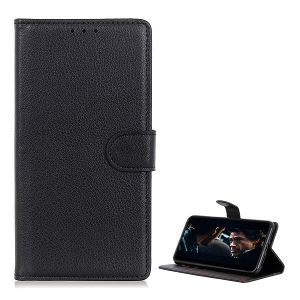 Tok álló, bőr hatású (FLIP, oldalra nyíló, asztali tartó funkció, prémium) FEKETE [Sony Xperia 1 II (XQ-AT5)] (5996457963096)