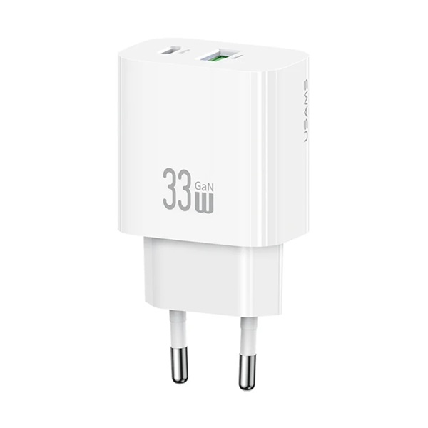 Usams T65 hálózati töltő USB+Type-C aljzat (33W, PD gyorstöltő) FEHÉR (CC317TC02)