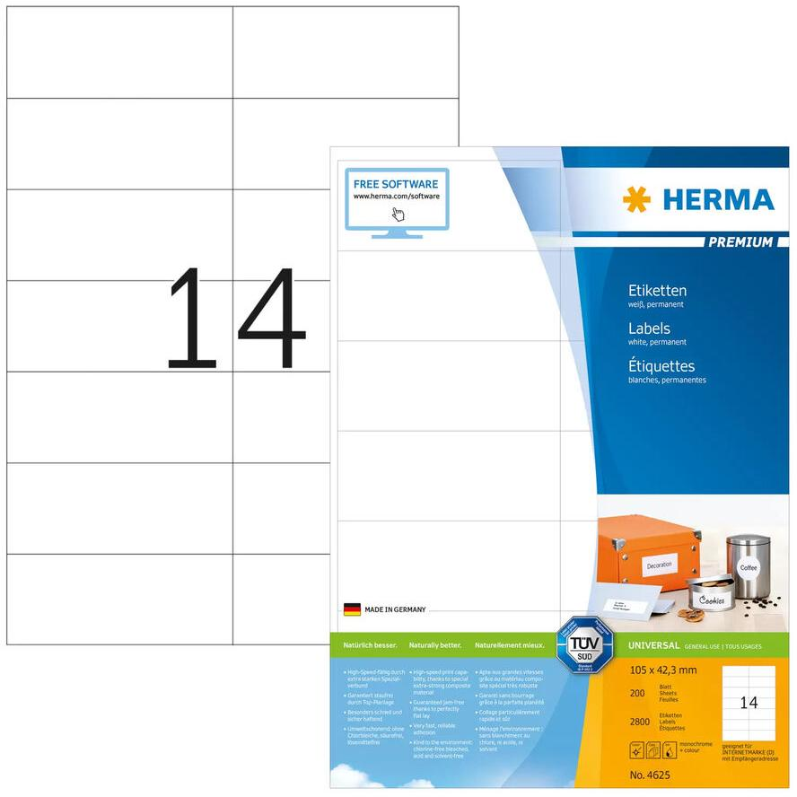 HERMA Etiketten Premium A4 weiß 105x42,3 mm Papier 2800 St. (4625) (4625)